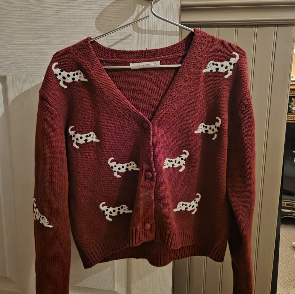 Red Cardigan with Dog Pattern